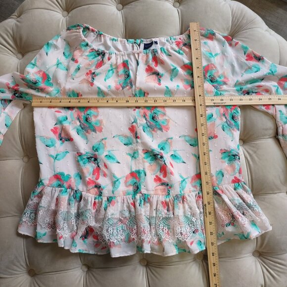 Kaari Blue Sz L Multi Pink Floral Santorini 3/4 Sleeve Ruffle Front Tie Top Lace - Picture 12 of 13